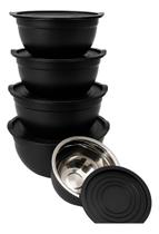 Kit 5 Bowls de Aço Inox Preto com Tampas Pretas Tigelas Empilháveis para Cozinha, Preparo e Armazenamento Kit 5 Bowls de Aço Inox Preto com Tampas Pretas Tigelas Empilháveis para Cozinha, Preparo e Armazenamento