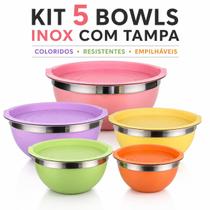 Kit 5 Bowls Tigelas Aço Inox Coloridos Empilháveis com Tampa Plástica Vedação Cozinha