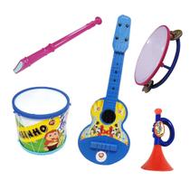 Kit 5 Brinquedos Kit Musical Flauta, Bumbinho, Pandeiro, Guitarra Infantil, Violão E Corneta