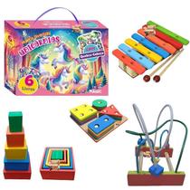 Kit 5 Brinquedos Pedagógicos Em Madeira + 6 Livros Infantil Kit 5 Brinquedos Pedagógicos Em Madeira + 6 Livros Infantil