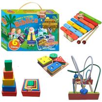 Kit 5 Brinquedos Pedagógicos Em Madeira + 6 Livros Infantil