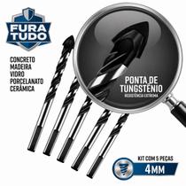 Kit 5 Brocas para Furadeira 4MM Fura Tudo Multiuso Fura Vidro Porcelanato Cerâmica Madeira Concreto Mármore Azulejo Multimaterial Ponta em Tungstênio