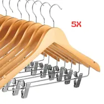 Kit 5 Cabides de Madeira com Presilhas Organização Guarda Roupas Vestido Camiseta Camisa Blazer Calça Saia Pijama Verniz