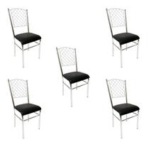 Kit 5 Cadeiras de Cozinha com reforço cromada encosto grade assento preto - Poltronas do Sul
