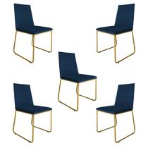 Kit 5 Cadeiras de Jantar Estofada Lille Base Gold Veludo Azul Marinho - Montanaris Decor