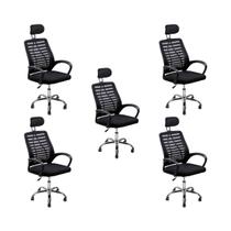Kit 5 Cadeiras Escritório Diretor Tela Mesh Encosto De Cabeça com Ebook