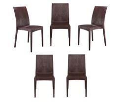 Kit 5 Cadeiras Rattan Marrom Área de Lazer Piscina Empilhavel Sala de Jantar Restaurante