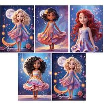 Kit 5 Caderno Brochurão Princesas 96 Fls Costurado Capa Dura