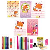 Kit 5 Caderno Brochurão Raposa Capa Dura 96 Folhas 38 Itens