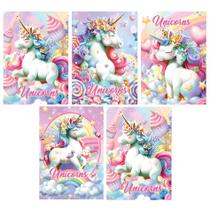 Kit 5 Caderno Brochurão Unicórnio 96 Fls Costurado Capa Dura