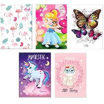 Kit 5 Caderno Estampas Todas Diferentes 96 Folhas Costurado Menina Capa Dura