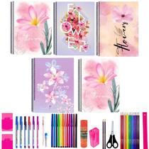 Kit 5 Caderno Flores 80 Folhas Arame Capa Dura Com 40 Itens