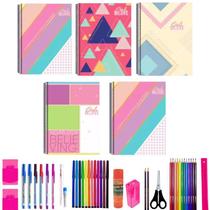 Kit 5 Caderno Girl Love 80 Folhas Arame Capa Dura+ 40 Itens