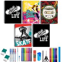 Kit 5 Caderno Grande Skate Capa Dura 96 Folhas 38 Itens