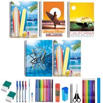 Kit 5 Caderno Grande Surf Capa Dura 96 Folhas 38 Itens