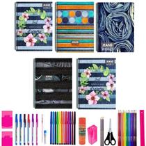 Kit 5 Caderno Jeans 96 Folhas Arame Capa Dura Com 40 Itens