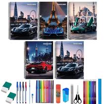 Kit 5 Caderno Maxicars Capa Dura 96 Folhas Arame C/ 36 Itens