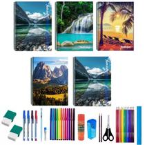Kit 5 Caderno Natureza 96 Folhas Arame Capa Dura + 36 Itens Kit 5 Caderno Natureza 96 Folhas Arame Capa Dura + 36 Itens