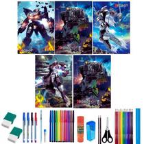 Kit 5 Caderno Robô Brochurão Capa Dura 96 Folhas+ 36 Itens