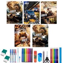 Kit 5 Caderno Route Brochurão Capa Dura 96 Folhas+ 36 Itens