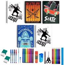 Kit 5 Caderno Skate 96 Folhas Arame Capa Dura Com 36 Itens