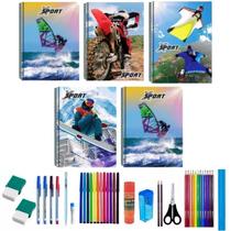 Kit 5 Caderno Sport 96 Folhas Arame Capa Dura Com 36 Itens