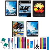 Kit 5 Caderno Surf 96 Folhas Arame Capa Dura Com 36 Itens