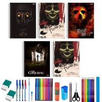 Kit 5 Caderno Terror Arame 80 Folhas Capa Dura Com 36 Itens