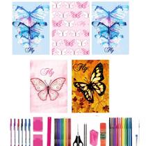 Kit 5 Cadernos Borboleta Brochurão 96 Folhas Com 40 Itens