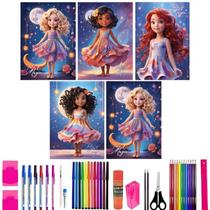 Kit 5 Cadernos Brochurão Princesas 96 Folhas Com 40 Itens