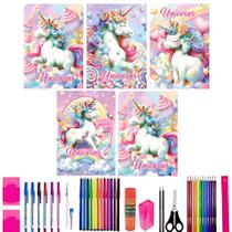 Kit 5 Cadernos Brochurão Unicórnio 96 Folhas Com 40 Itens