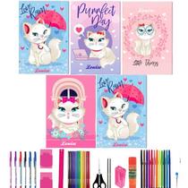 Kit 5 Cadernos Capa Dura Gata Marie Grande A4 Com 40 Materiais