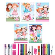 Kit 5 Cadernos Girls 96 Folhas Brochurão Capa Dura+ 40 Itens
