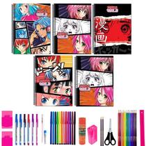 Kit 5 Cadernos Grande Anime Arame Capa Dura Com 40 Itens