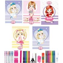 Kit 5 Cadernos Grande Girls Brochurão 96 Folhas Com 40 Itens