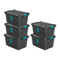 Kit 5 Caixa Organizadora 27l Com Travas Multiuso Preta Design Versátil Prático Empilhavel