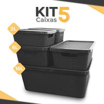 Kit 5 Caixas Cestos Organizadoras 2L / 6L / 16L Preta Com Tampa Telada e Alças - Arqplast