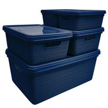 Kit 5 Caixas Juta Cesto Organizador c Tampa Multiuso Marinho