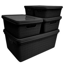 Kit 5 Caixas Juta Cesto Organizador com Tampa Multiuso Preta