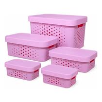 Kit 5 Caixas Organizadora com Tampa Plastico Premium 2,6 6 11 17 Litros