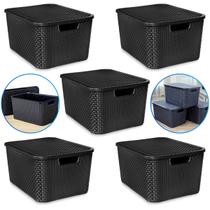 Kit 5 Caixas Organizadora Rattan 7 Litros C/ Tampa Preta