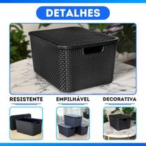Kit 5 Caixas Organizadora Rattan com Tampa 7 Litros Preto Praticidade para Sua Organização