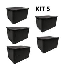 Kit 5 Caixas Organizadora Rattan com Tampa 7 Litros Preto Praticidade para Sua Organização