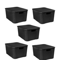 Kit 5 Caixas Organizadoras 15 Litros Preto ARQPLAST Para Guarda Roupas Armário Quarto Cozinha Organização Plástica Roupas Acessórios Casa Banheiro