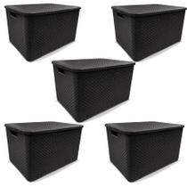 Kit 5 Caixas Organizadoras Rattan Com Tampa 40 Litros Preta