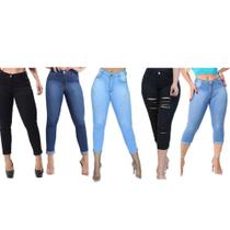 Kit 5 Calça Jeans Feminina Capri Cintura Alta Levanta Bumbum Com Lycra