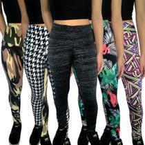 Kit 5 Calças Femininas Legging Justas Cós Cintura Alta Estampas Sortidas Suplex PP ao Plus Size Kit 5 Calças Femininas Legging Justas Cós Cintura Alta Estampas Sortidas Suplex PP ao Plus Size