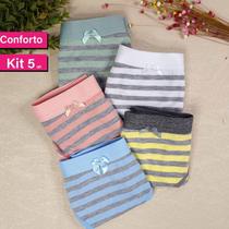 Kit 5 Calcinha Algodão Listrada Conforto Calçola Idosa Confortável Senhora