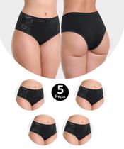 Kit 5 Calcinha Cós Alto Cintura Alta Em Microfibra E Renda Catarina Preto