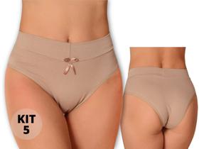 Kit 5 Calcinha Cós Alto Duplo de Cotton Algodão Liso Adulto Lingerie Feminino Conforto Atacado